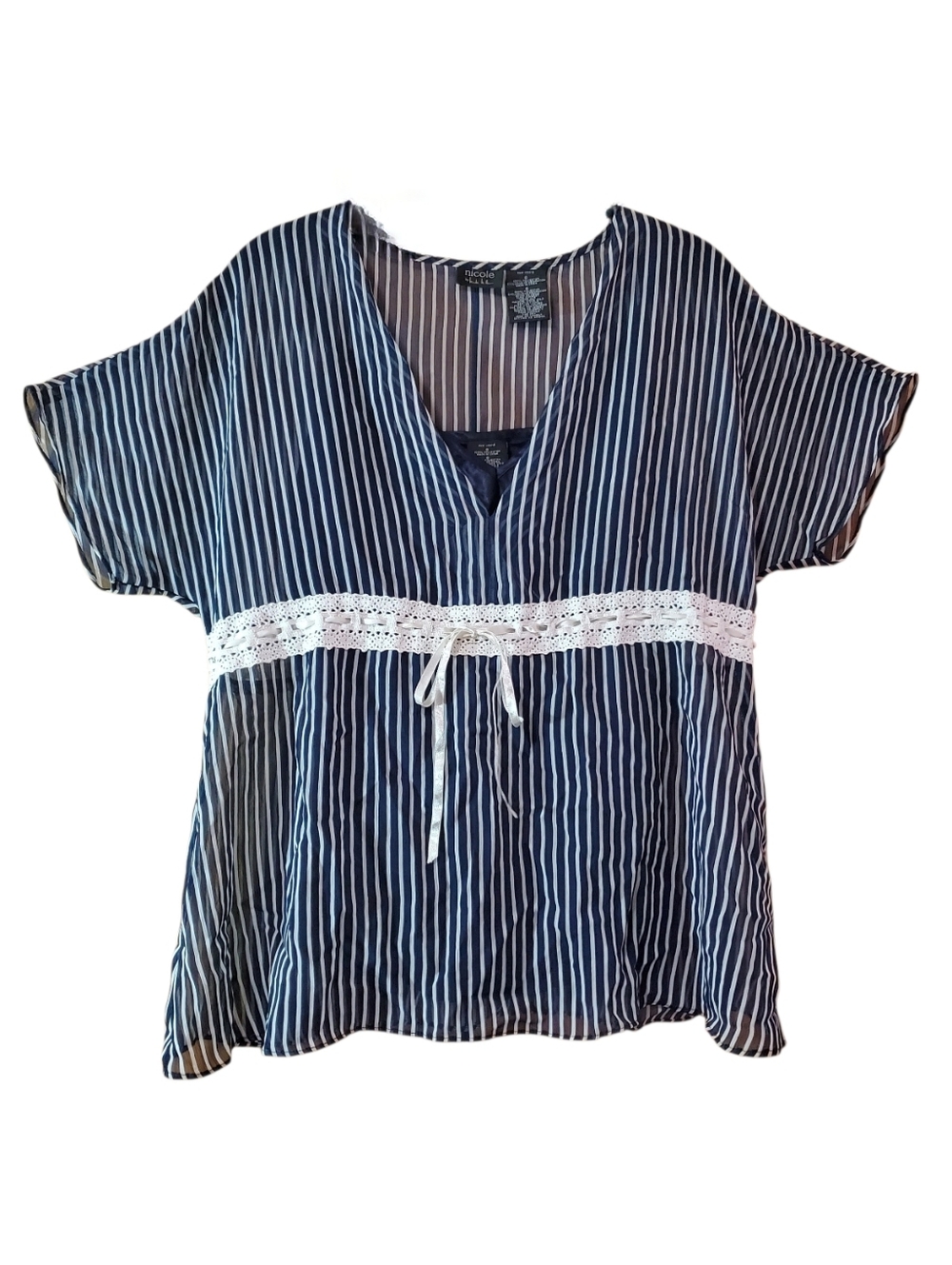 Nicole By Nicole Miller Womens 6 Navy Blue White Striped Boho Sheer Blouse Top